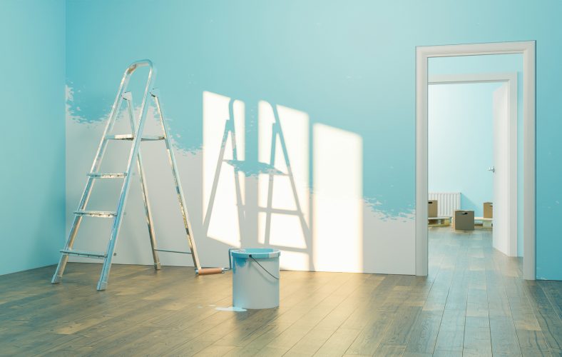 interior of a new house with paint can and half painted wall with stairs and moving boxes in the back room. 3d rendering